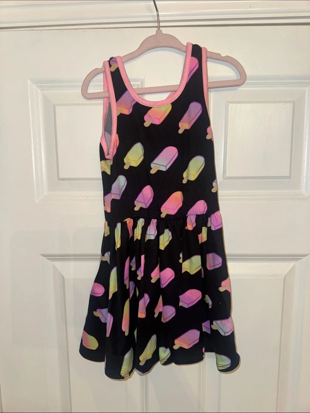Pixielane Girls Black Popsicle Print Tank Dress - Pink Trim